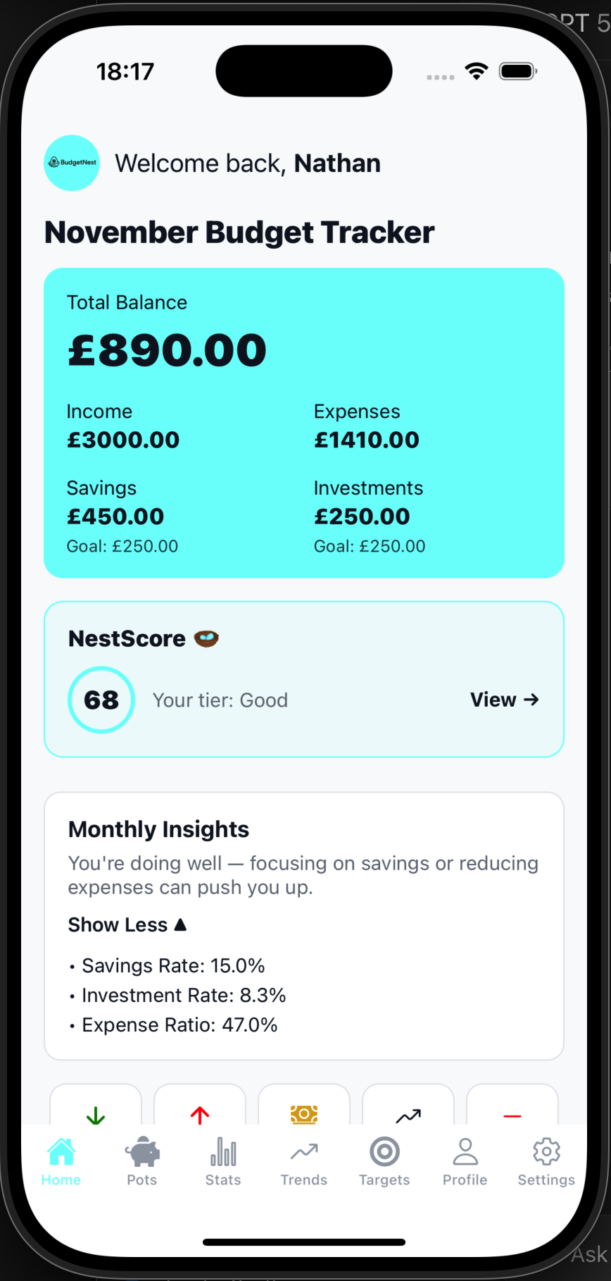 BudgetNest dashboard