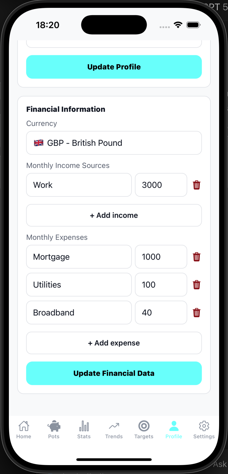 BudgetNest profile settings screen