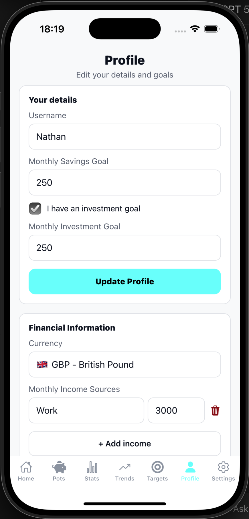 BudgetNest profile screen