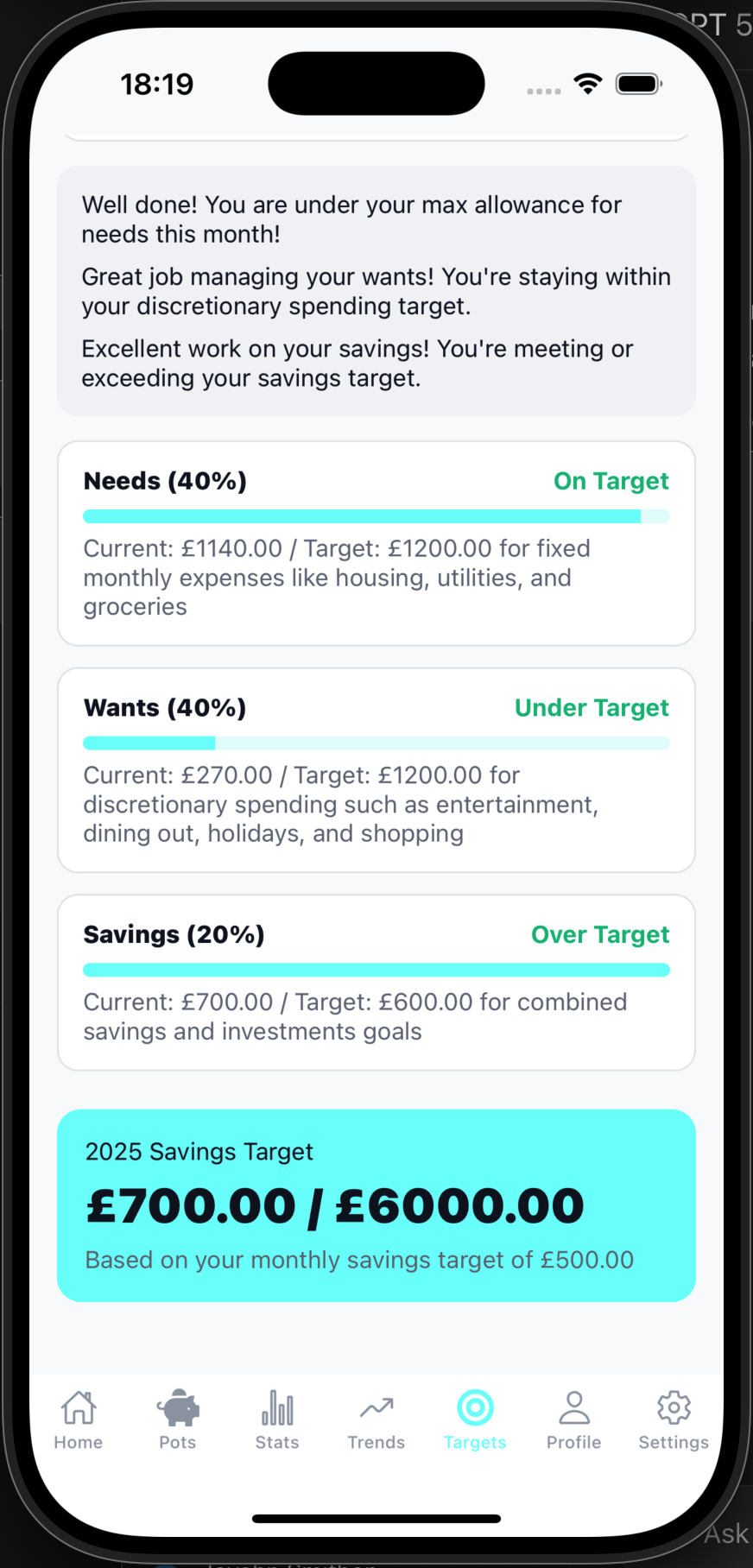 BudgetNest targets details screen